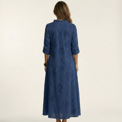 Mariam | Cotton-Linen Maxi Dress with Delicate Tonal Floral Embroidery