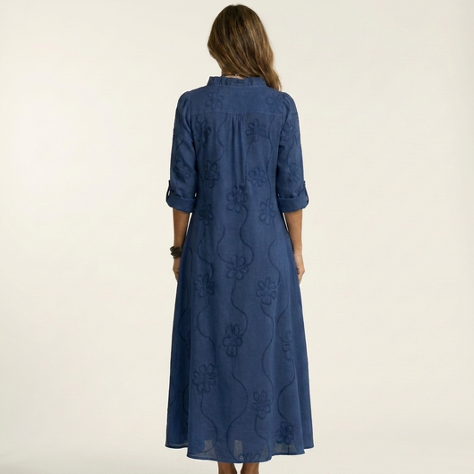 Mariam | Cotton-Linen Maxi Dress with Delicate Tonal Floral Embroidery