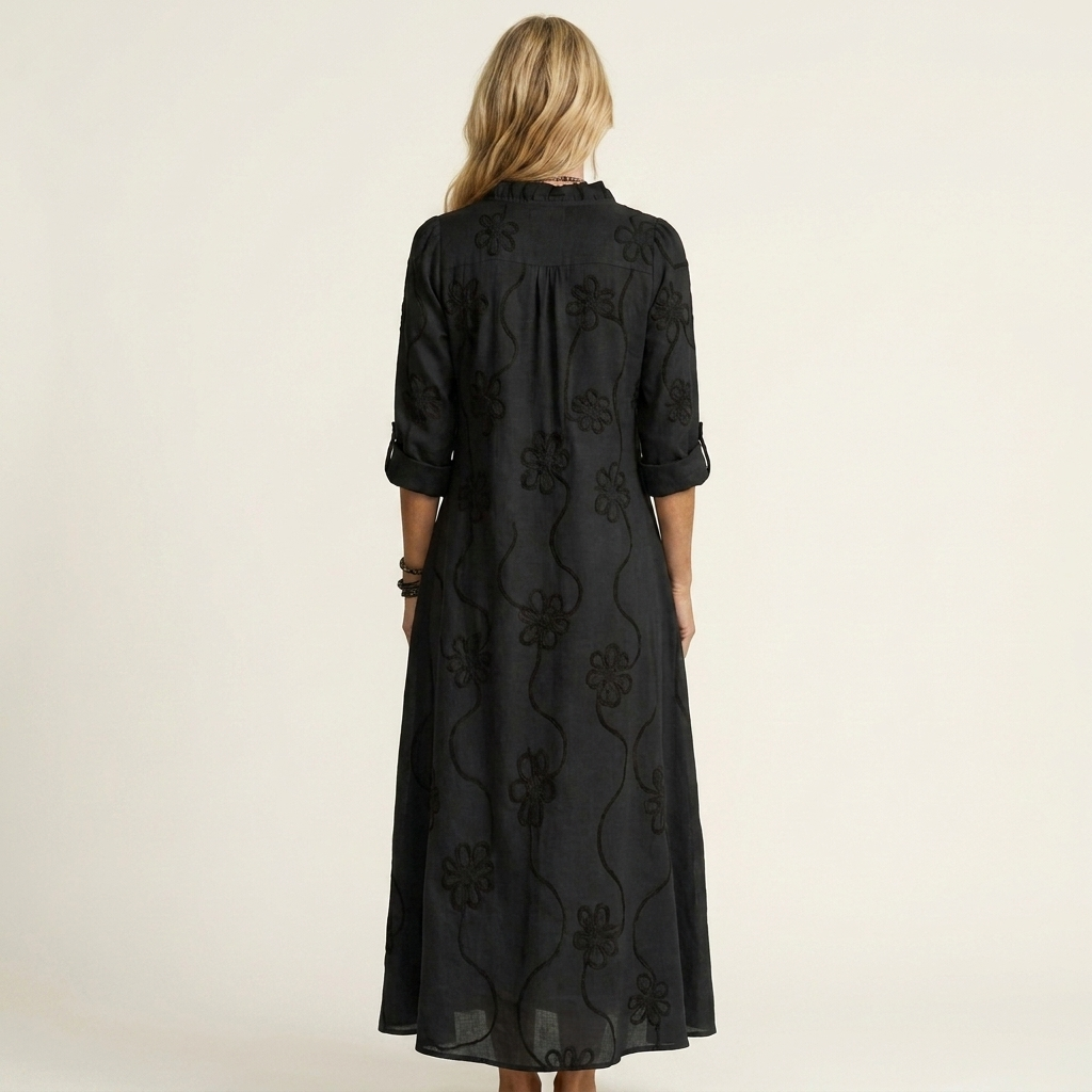 Mariam | Cotton-Linen Maxi Dress with Delicate Tonal Floral Embroidery