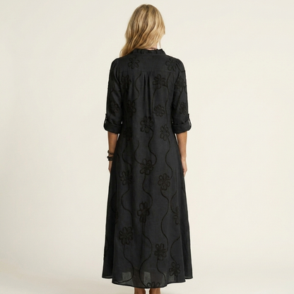 Mariam | Cotton-Linen Maxi Dress with Delicate Tonal Floral Embroidery