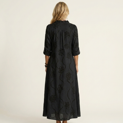 Mariam | Cotton-Linen Maxi Dress with Delicate Tonal Floral Embroidery