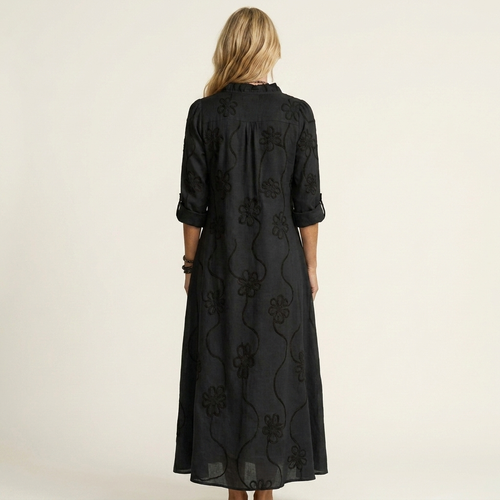 Mariam | Cotton-Linen Maxi Dress with Delicate Tonal Floral Embroidery