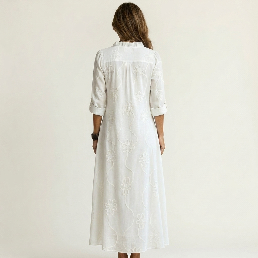 Mariam | Cotton-Linen Maxi Dress with Delicate Tonal Floral Embroidery