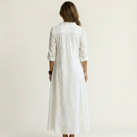 Mariam | Cotton-Linen Maxi Dress with Delicate Tonal Floral Embroidery