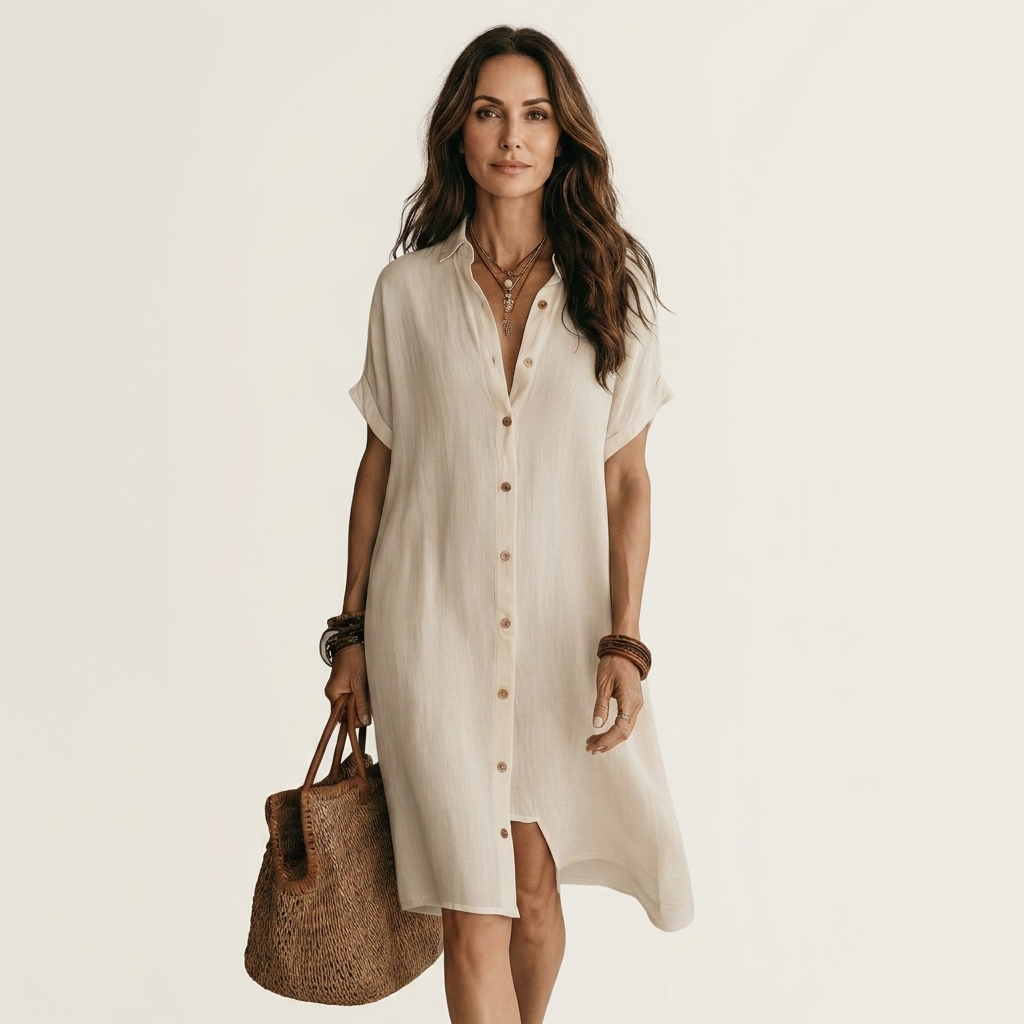 Nidalie Cotton-Linen Midi Shirt Dress with Rolled-Cuff Details – Effortless Everyday Elegance