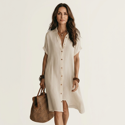 Nidalie Cotton-Linen Midi Shirt Dress with Rolled-Cuff Details – Effortless Everyday Elegance