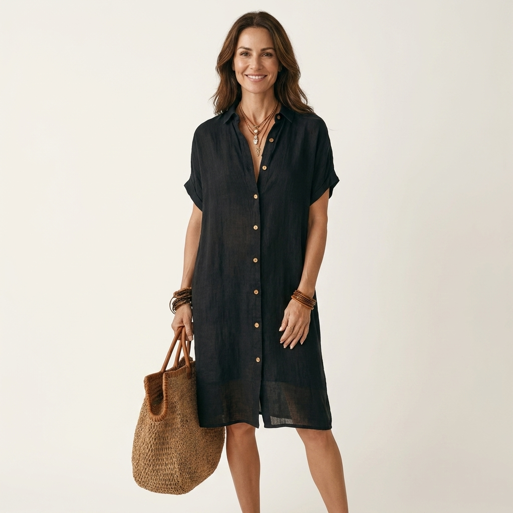 Nidalie Cotton-Linen Midi Shirt Dress with Rolled-Cuff Details – Effortless Everyday Elegance