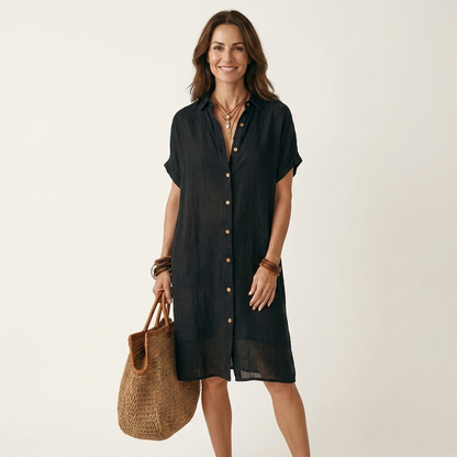 Nidalie Cotton-Linen Midi Shirt Dress with Rolled-Cuff Details – Effortless Everyday Elegance