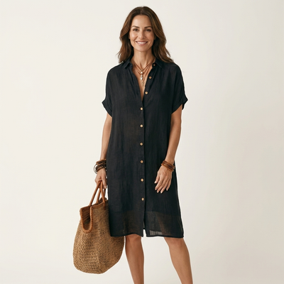 Nidalie Cotton-Linen Midi Shirt Dress with Rolled-Cuff Details – Effortless Everyday Elegance