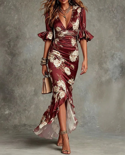 Liora | Floral Ruched Satin Dress