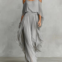 Isabela | Gray Flowy Set with Spaghetti-Strap Top and Lightweight Pants