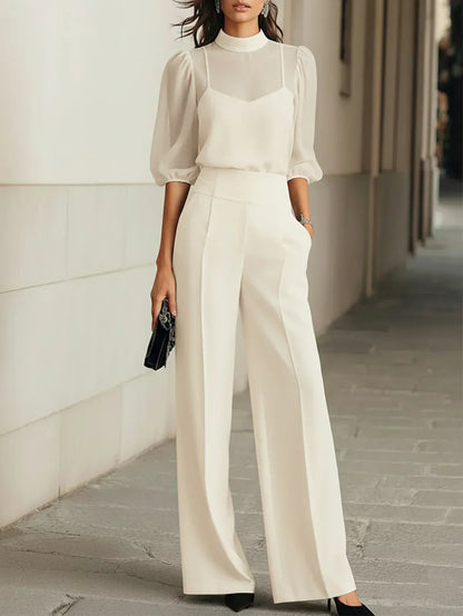 Valentina Black 3-Piece Ensemble Featuring a Sheer Camisole Top and Wide-Leg Trousers – S1