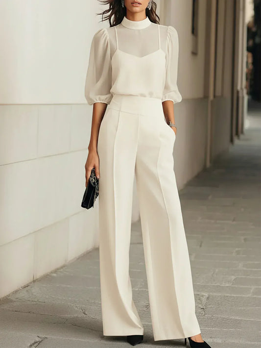 Valentina Black 3-Piece Ensemble Featuring a Sheer Camisole Top and Wide-Leg Trousers – S1