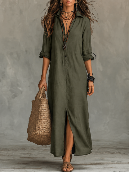 Black Bohemian Button-Front Maxi Shirt Dress
