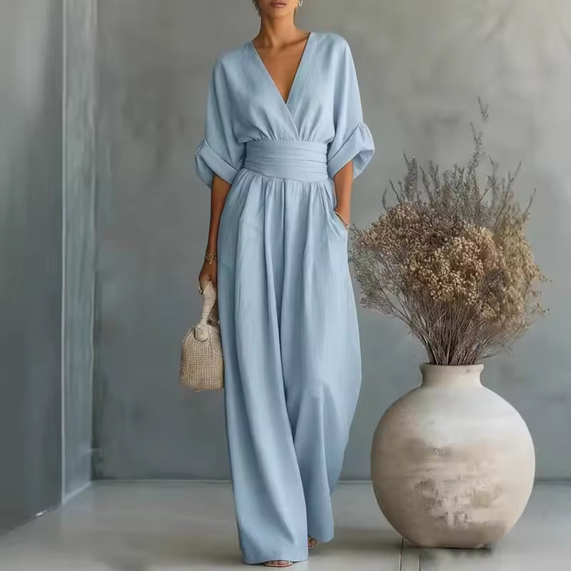 Georgina: Sophisticated Deep V-Neck Wide-Leg Jumpsuit