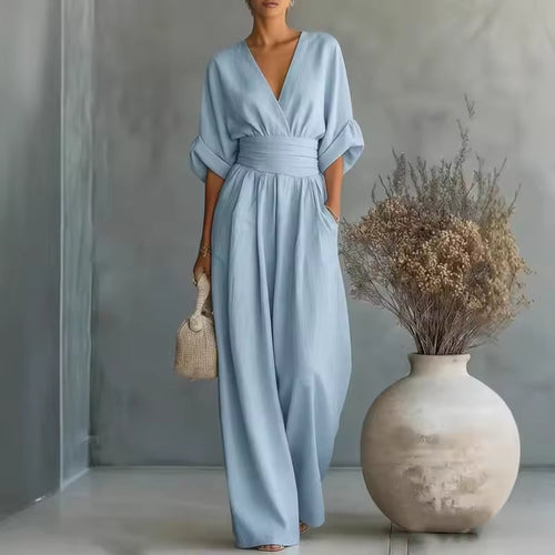 Georgina: Sophisticated Deep V-Neck Wide-Leg Jumpsuit
