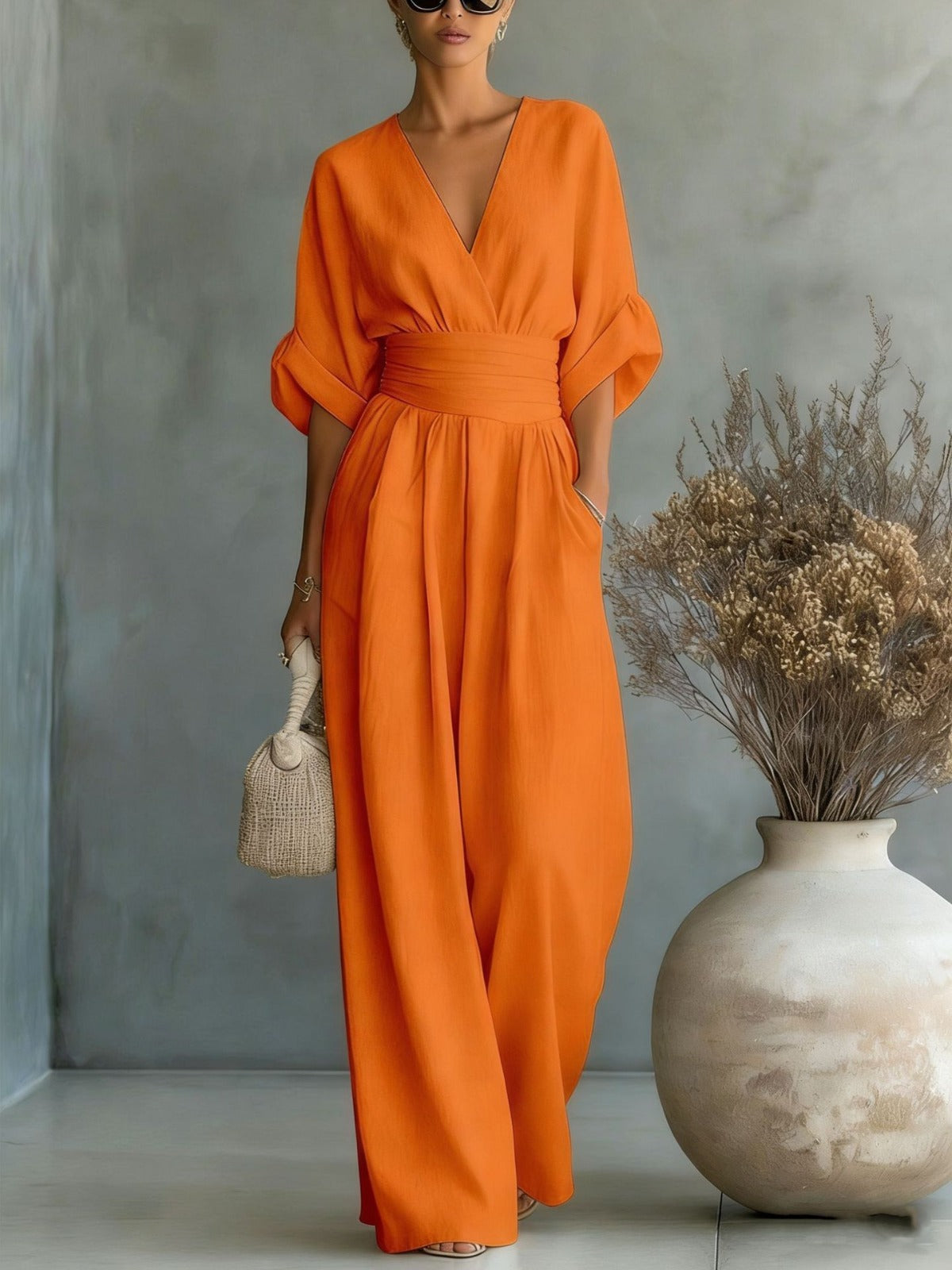 Georgina: Sophisticated Deep V-Neck Wide-Leg Jumpsuit