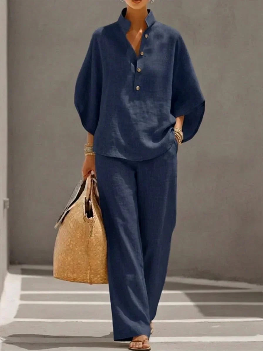 Maribel™ Linen Co-ord Set with Batwing Sleeves and Wide-Leg Trousers