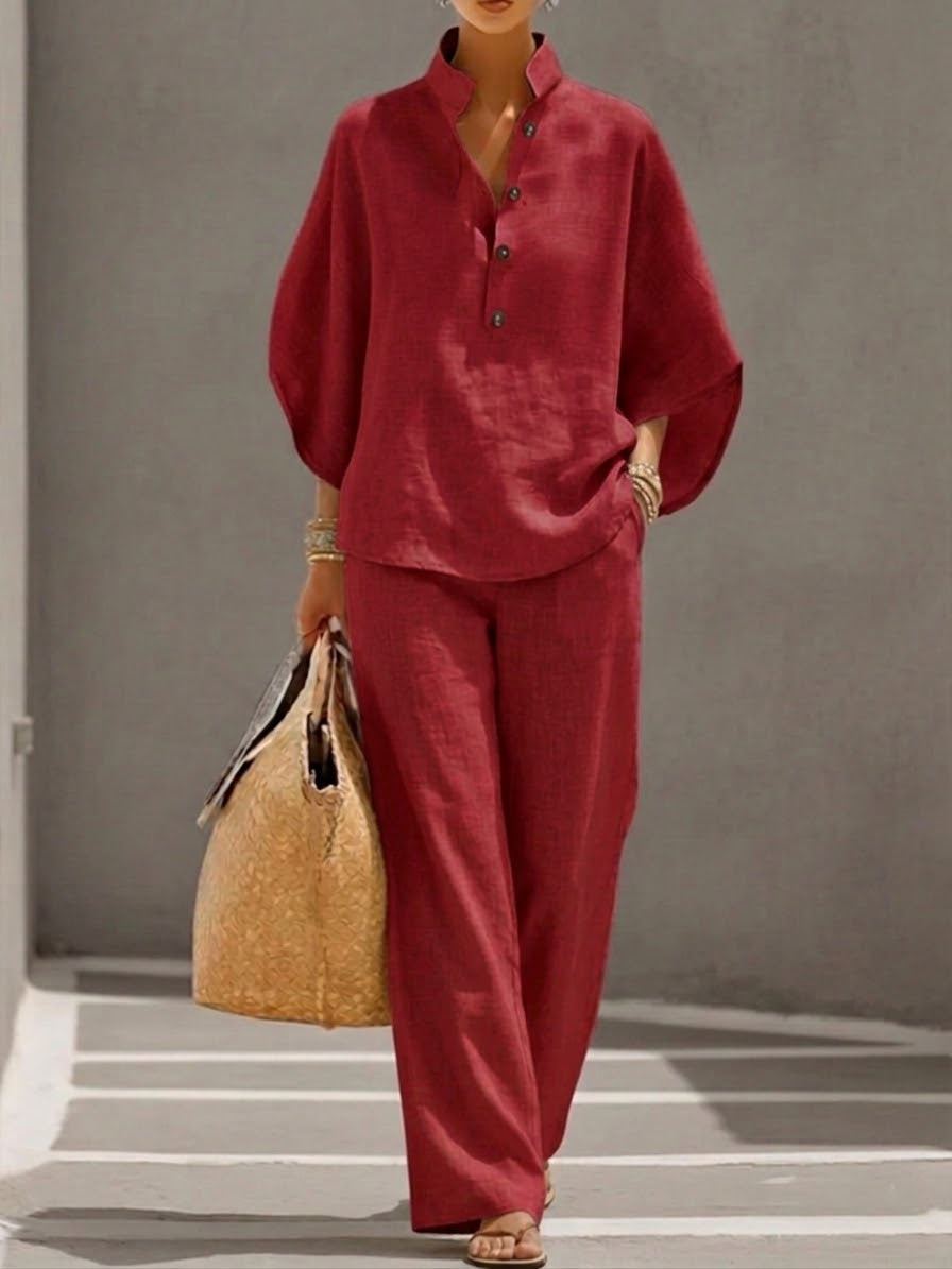 Eszter™ – Sophisticated cotton-linen set with batwing sleeves and wide-leg trousers, size S1