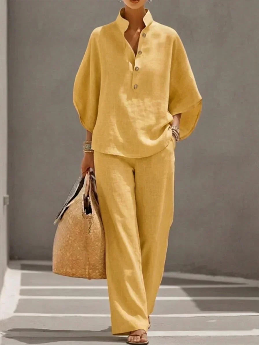 Maribel™ Linen Co-ord Set with Batwing Sleeves and Wide-Leg Trousers
