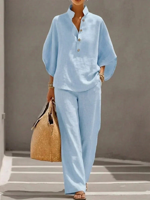 Maribel™ Linen Co-ord Set with Batwing Sleeves and Wide-Leg Trousers