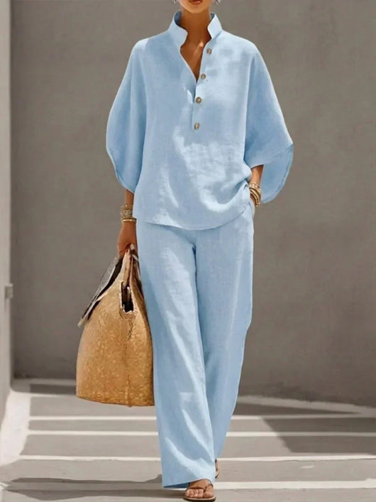 Maribel™ Linen Co-ord Set with Batwing Sleeves and Wide-Leg Trousers