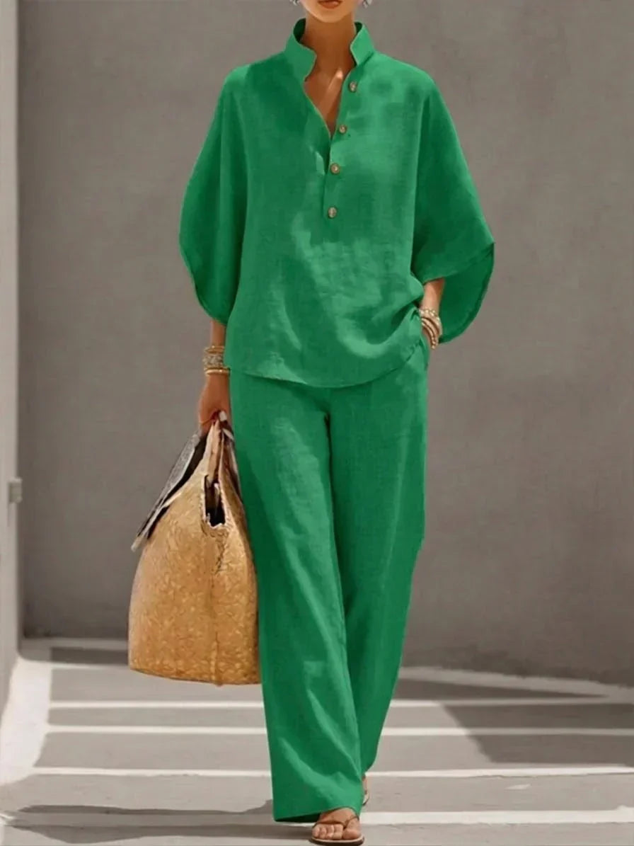 Maribel™ Linen Co-ord Set with Batwing Sleeves and Wide-Leg Trousers